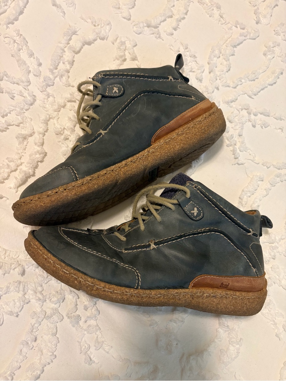 Joseph Seibel Women's Slate Blue Leather Ankle Booties with Contrast Tan Accent